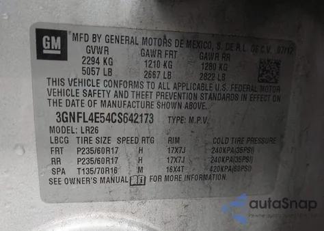 2012 Chevrolet Captiva Sport Ltz z USA, uszkodzony, nr VIN 3GNFL4E54CS642173